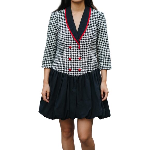 Vintage 80s Black White Houndstooth Double Breasted Bubble Hem Dress Sz Medium - Picture 1 of 16